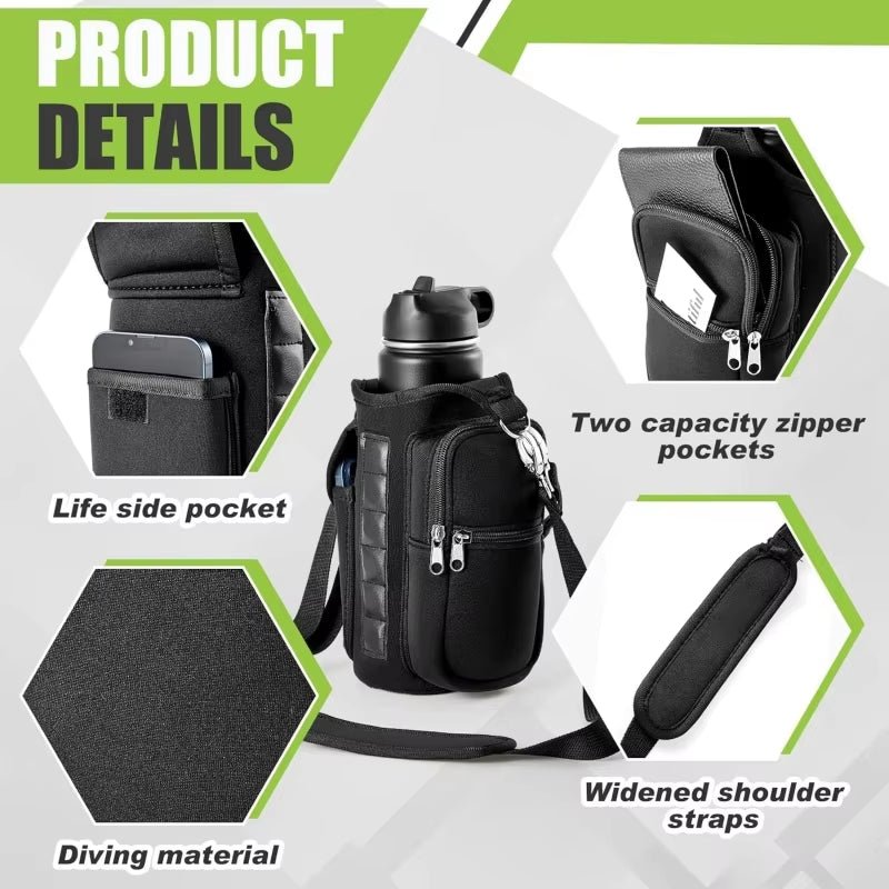 Magnetic Water Bottle Holder Gym Water Bottle Carrier Bag W/ Phone Pocket Handle Shoulder Strap 6 Built-In Magnets Water Bottle - PrimeWell