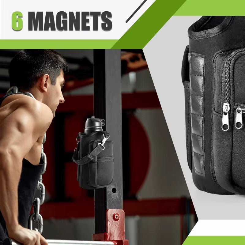 Magnetic Water Bottle Holder Gym Water Bottle Carrier Bag W/ Phone Pocket Handle Shoulder Strap 6 Built-In Magnets Water Bottle - PrimeWell
